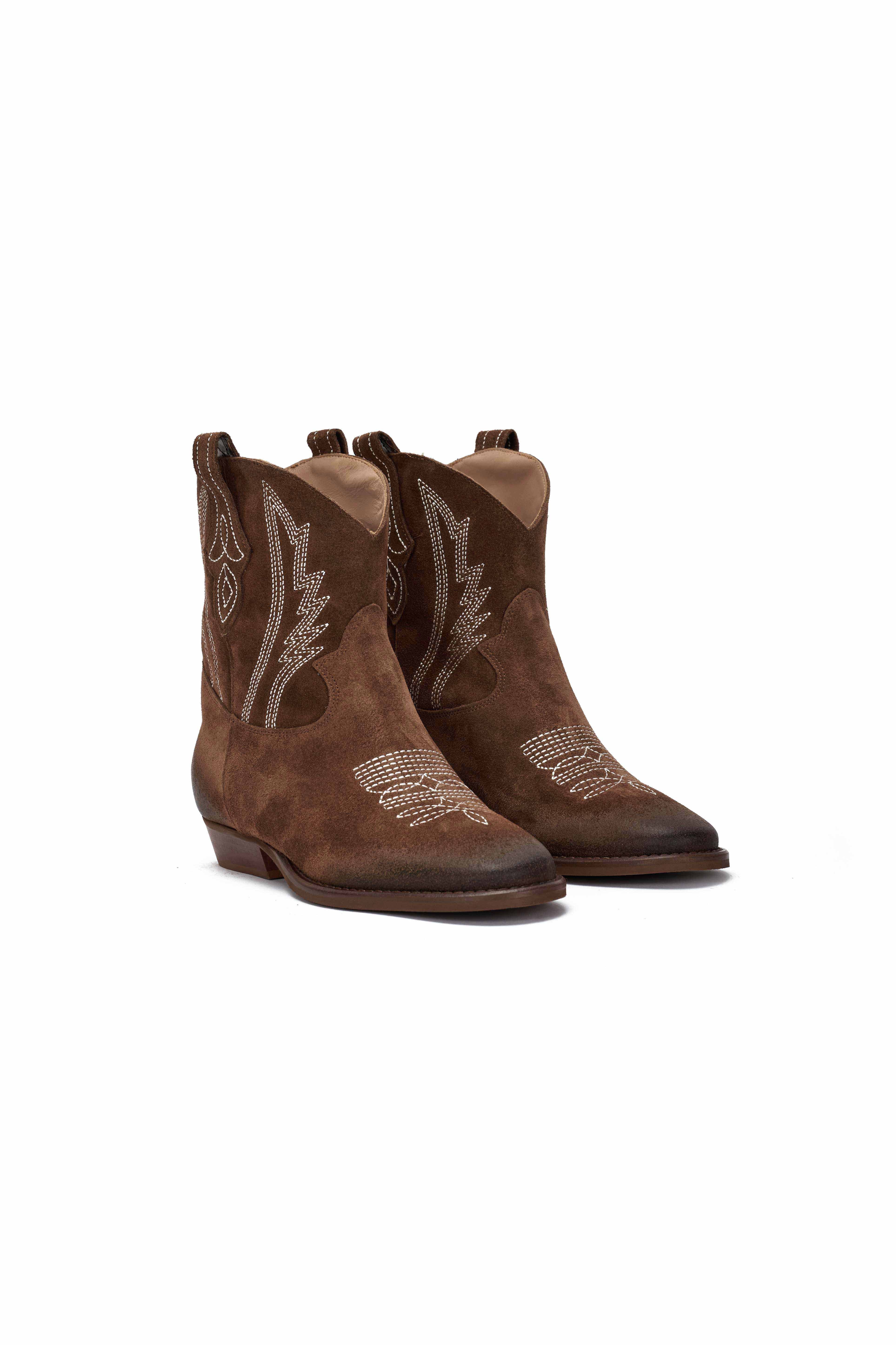 Stivaletto in Camoscio Tabacco con Ricamo Beige - Desya