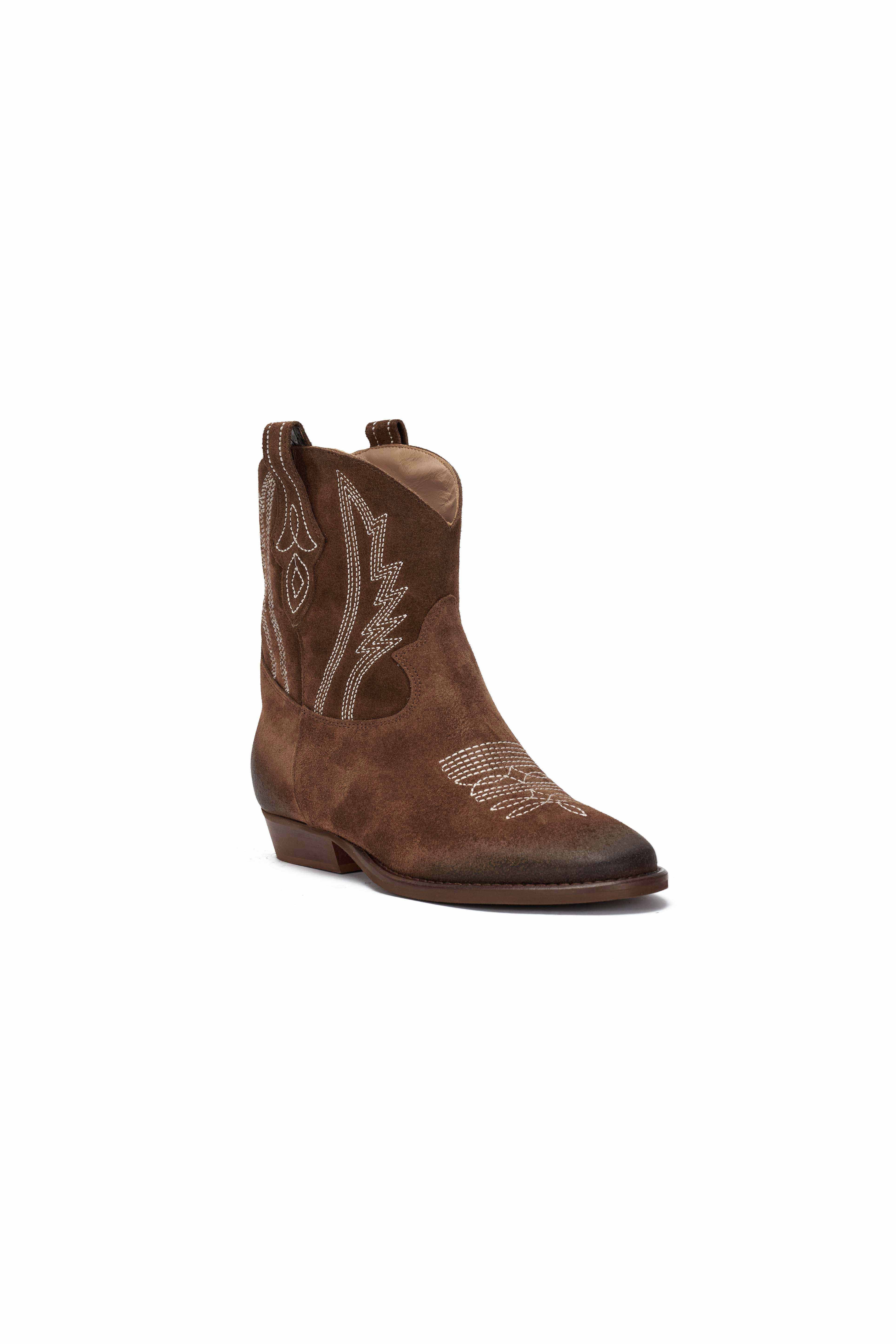 Stivaletto in Camoscio Tabacco con Ricamo Beige - Desya