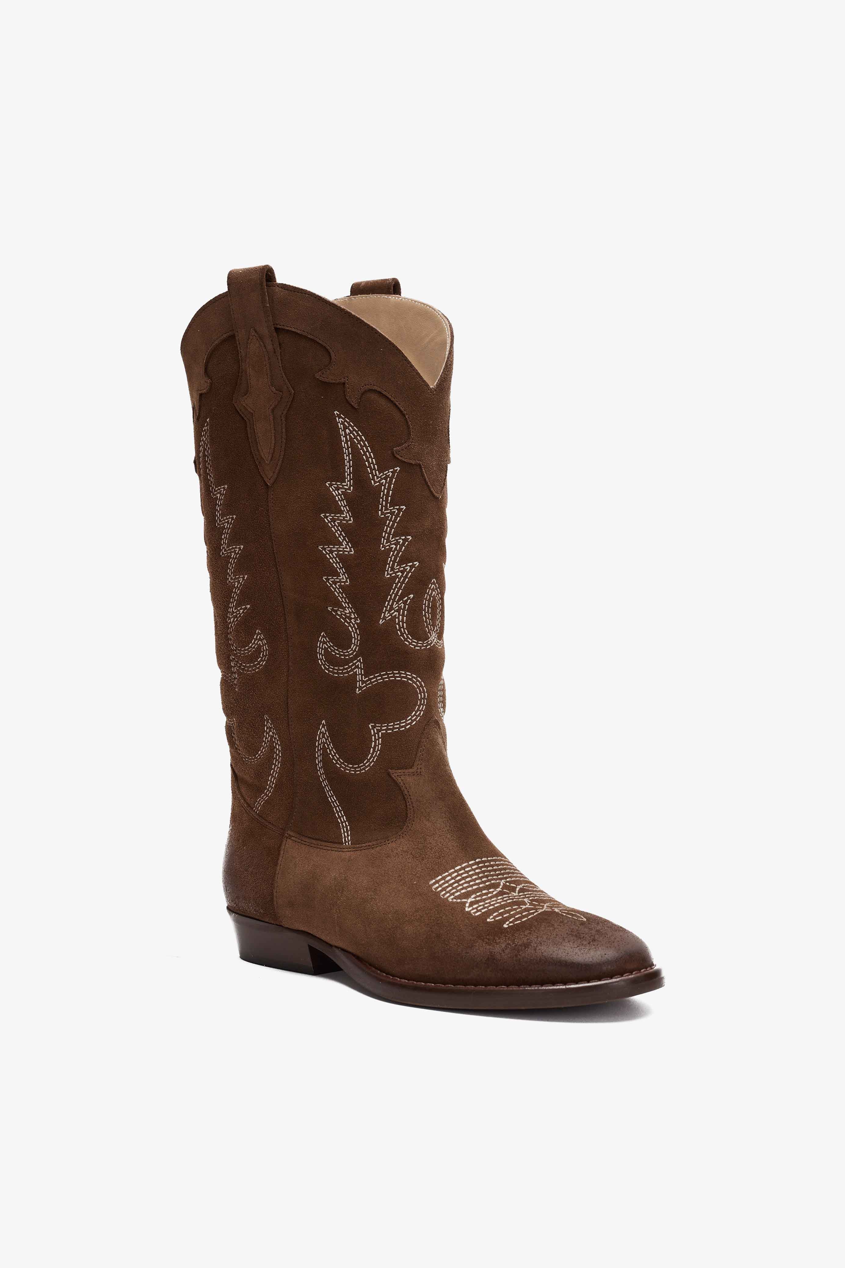 Stivale in Camoscio Tabacco con Ricamo Beige - Selene