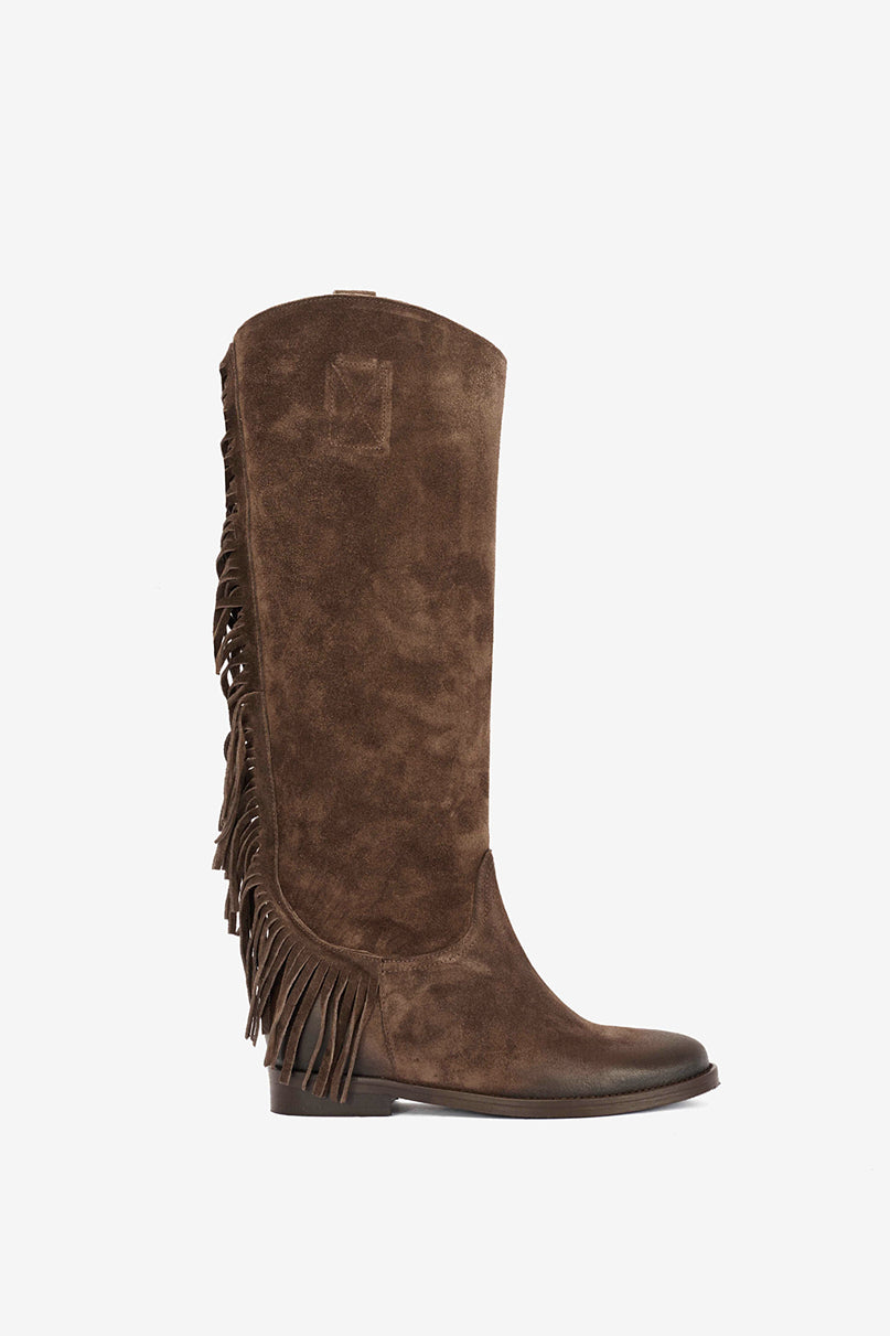 Stivale in Camoscio Castagna e Frange con Zeppa Interna - Sonora