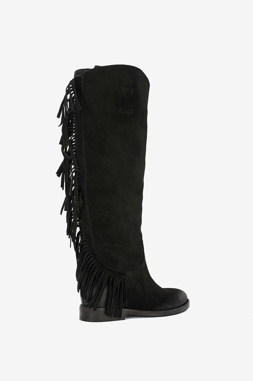 Stivale in Camoscio Nero e Frange con Zeppa Interna - Sonora