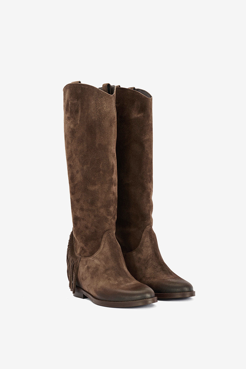 Stivale in Camoscio Castagna e Frange con Zeppa Interna - Sonora