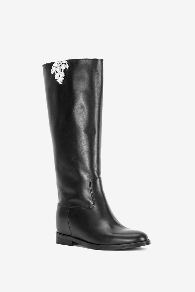 Stivale in Vitello Nero e Accessorio Gioiello con Zeppa Interna - Prestige