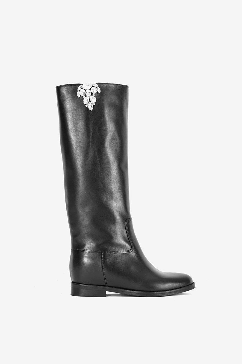 Stivale in Vitello Nero e Accessorio Gioiello con Zeppa Interna - Prestige