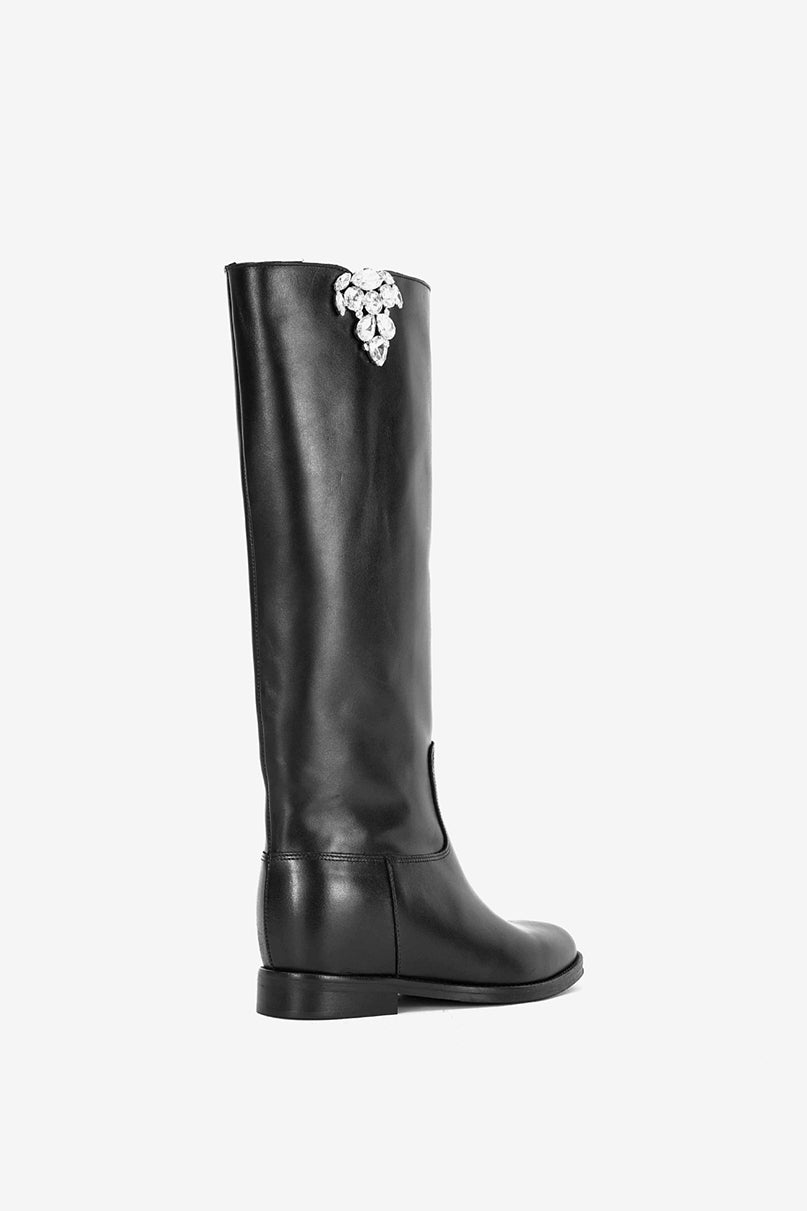 Stivale in Vitello Nero e Accessorio Gioiello con Zeppa Interna - Prestige