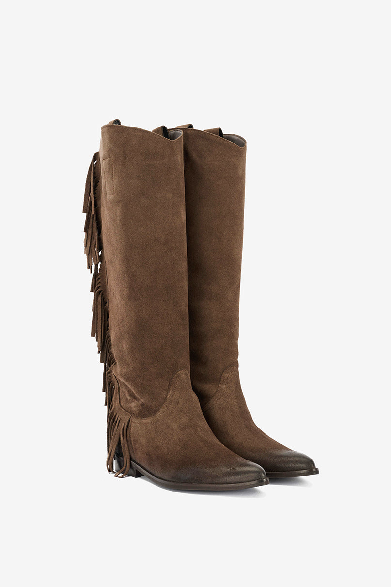 Stivale in Camoscio Castagna e Frange con Zeppa Interna - Vogue
